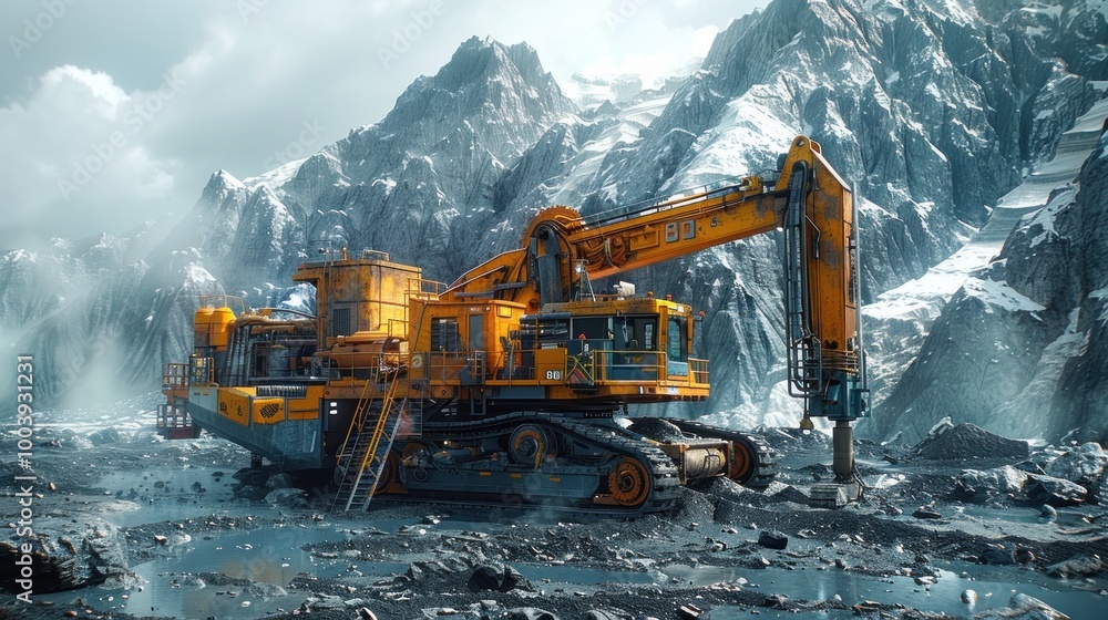 A driller operating a hydraulic drilling machine in a remote mining location, with rugged terrain and heavy machinery in the background A driller operating a hydraulic drilling machine in a remote mining location, with rugged terrain and heavy machinery in the background