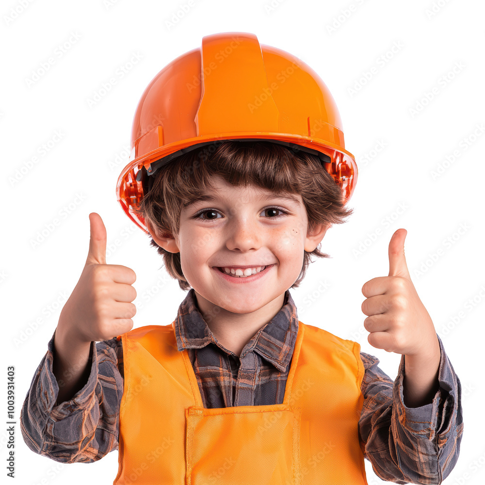 Cheerful boy in orange hard hat and vest giving thumbs up, isolated on white background. transparent background Cheerful boy in orange hard hat and vest giving thumbs up, isolated on white background. transparent background