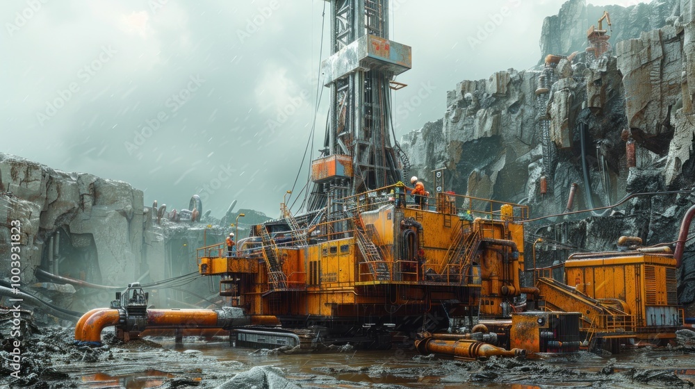 A driller operating a large drilling rig on an oilfield, surrounded by equipment and pipelines A driller operating a large drilling rig on an oilfield, surrounded by equipment and pipelines