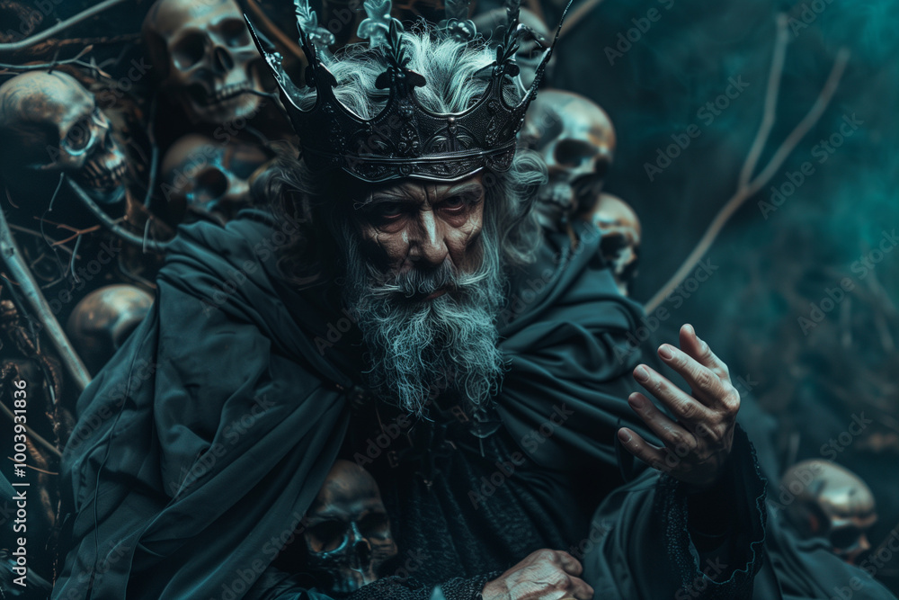 Obraz premium Hades, God of the Underworld dressed in black iron crown ruling the kingdom of the dead and surrounded by wandering souls