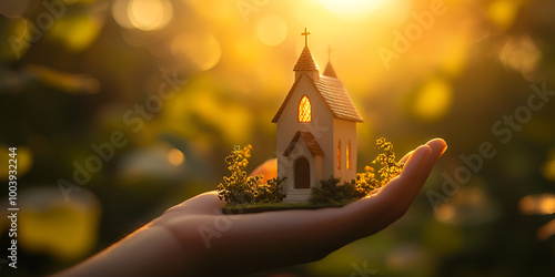 Faith in Nature: Small Church Model in Sunlit Forest