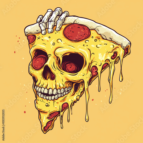 Slice of pizza in the shape of a skull with a skull hand holding it