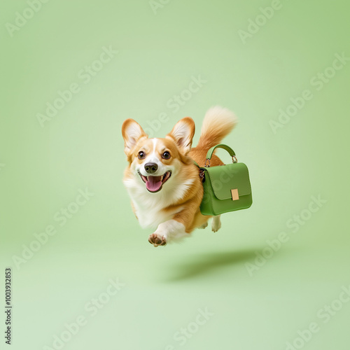 Cute Corgi running with a green bag photo