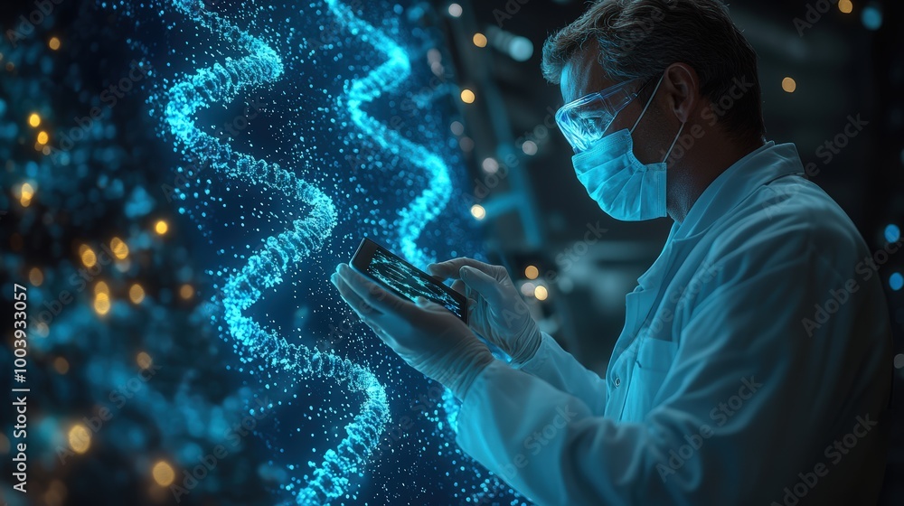 A science professional reviews intricate patterns of a DNA model in a dimly lit laboratory setting A science professional reviews intricate patterns of a DNA model in a dimly lit laboratory setting