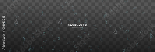3d realistic vector icon. Broken glass, cracked hole with broken pieces with flying around cracks. Isolated on transparent background.