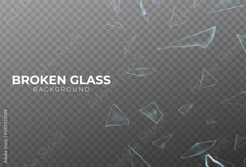 3d realistic vector icon. Broken glass, cracked hole with broken pieces with flying around cracks. Isolated on transparent background.