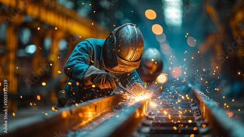 Industrial Worker Welding Metal with Bright Sparks in a Factory, Focused on Precision and Craftsmanship 