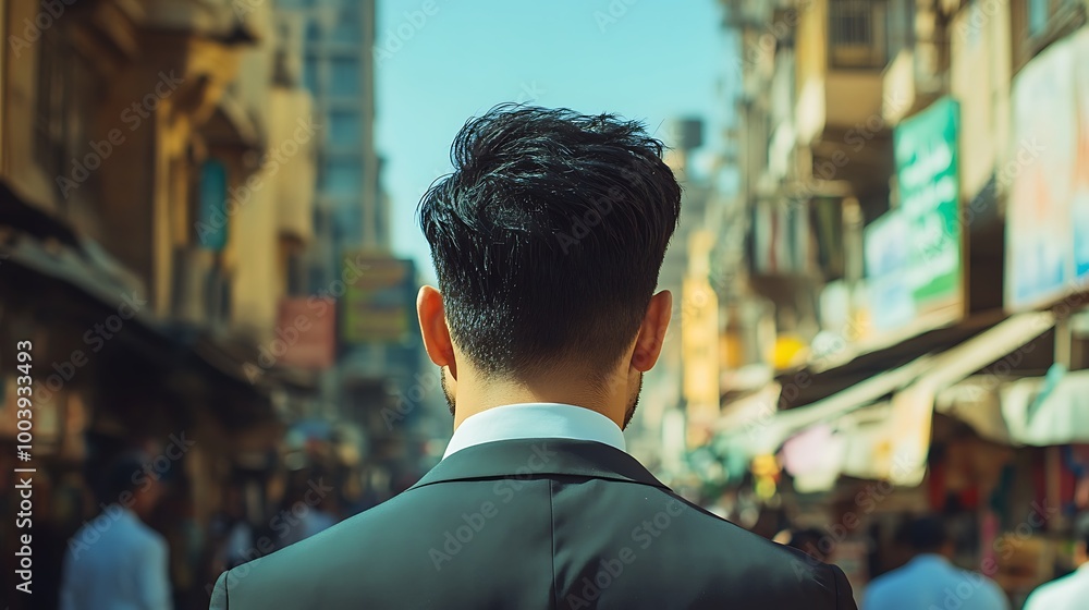 Fototapeta premium Man in Suit Walking Through a City Street