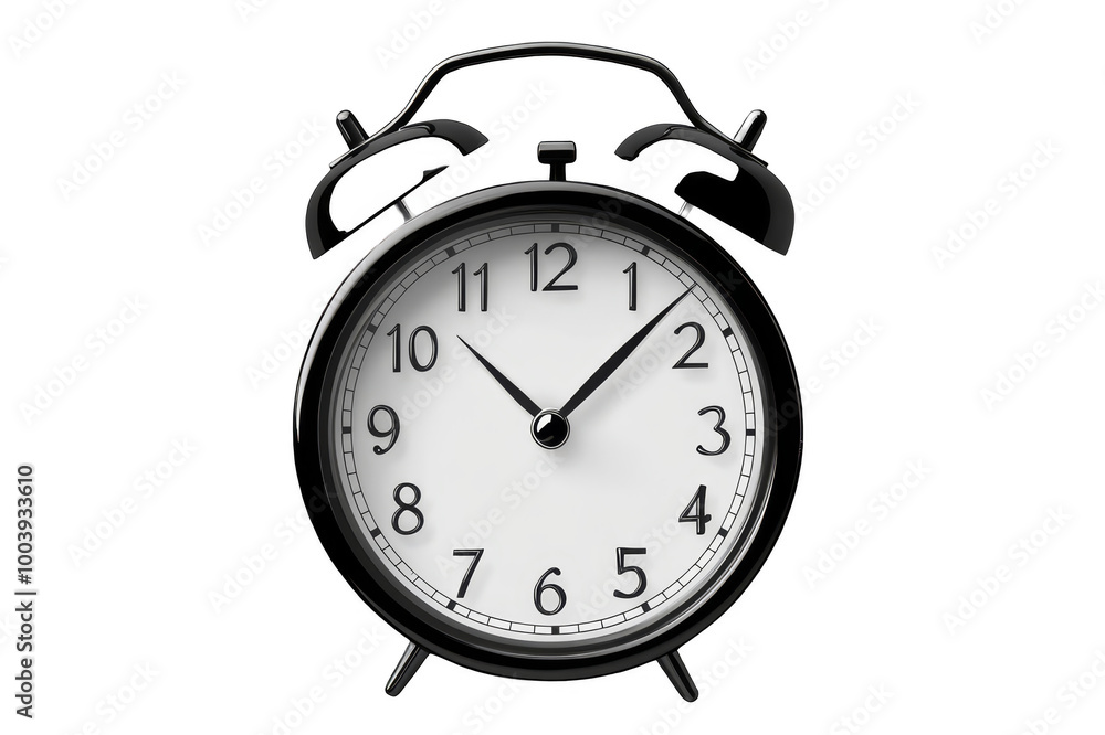Classic black alarm clock with white dial on transparent background Classic black alarm clock with white dial on transparent background
