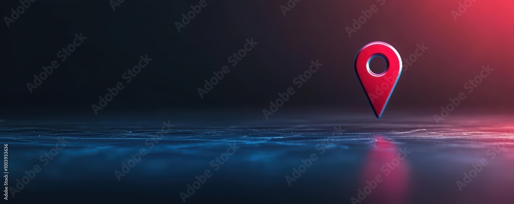 Fototapeta premium Red location marker on dark reflective background, symbolizing navigation and mapping.