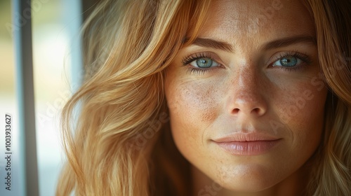 Close-up portrait of woman with natural beauty, blue eyes, and freckles, soft sunlight highlighting facial features, serene and relaxed expression 