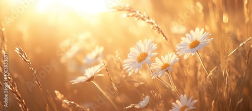 A close-up of delicate white daisies blooming in a field of golden grasses, bathed in soft, warm sunlight. photo