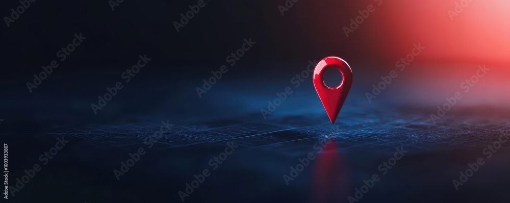 Fototapeta premium Red location pin over a dark background with soft lighting reflections.