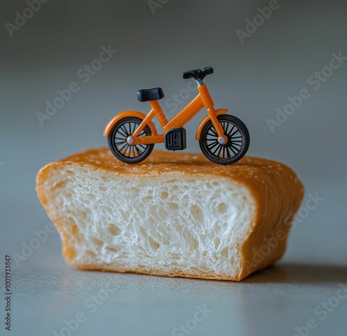 Miniature bicycle placed on a loaf of bread, creative and whimsical food concept
 photo