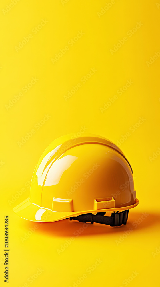 Yellow construction helmet. Yellow background. Copy space. Technical mockup. Generative AI Yellow construction helmet. Yellow background. Copy space. Technical mockup. Generative AI