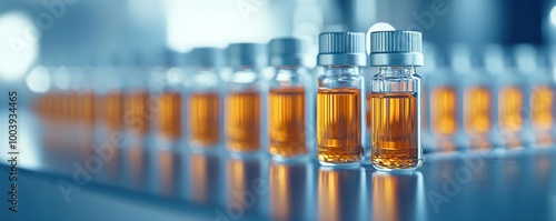 Rows of glass vials with orange liquid on a clean laboratory table.