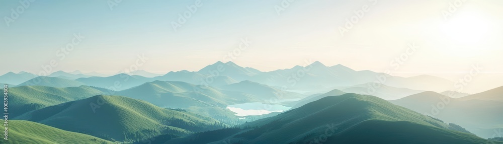 Serene mountain landscape with mist and soft light at sunrise. Serene mountain landscape with mist and soft light at sunrise.