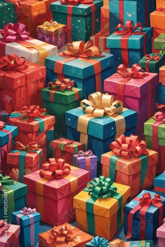 Colorful gift boxes overflowing with ribbons and bows