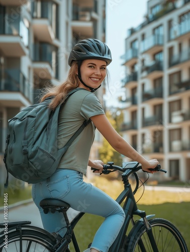 Smiling young woman riding a bicycle with a backpack, wearing a helmet, in a modern urban residential area
