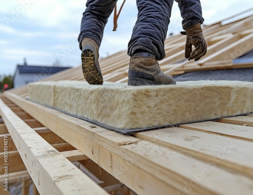 Construction worker installing thermal insulation on a wooden roof frame, home energy efficiency and sustainable building materials 