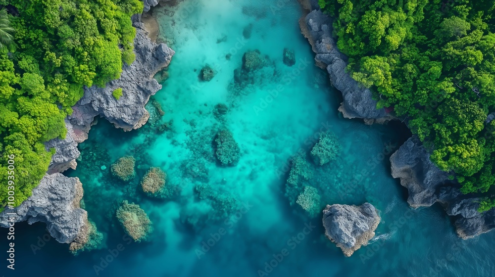 Aerial view of tropical turquoise lagoon surrounded by lush green cliffs, crystal-clear water and rocky coastline
Aerial view of tropical turquoise lagoon surrounded by lush green cliffs, crystal-clear water and rocky coastline