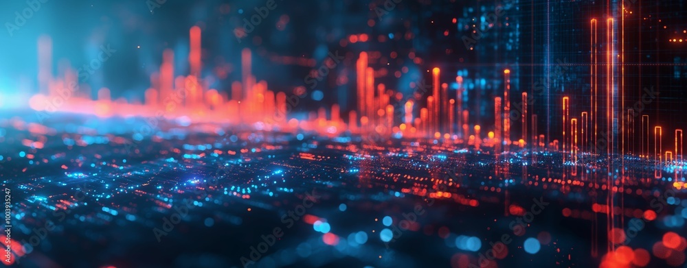 Obraz premium Futuristic financial chart with glowing red and blue lights, abstract stock market data visualization and analytics concept