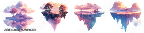 Floating islands surrounded by clouds and serene water transparent background
