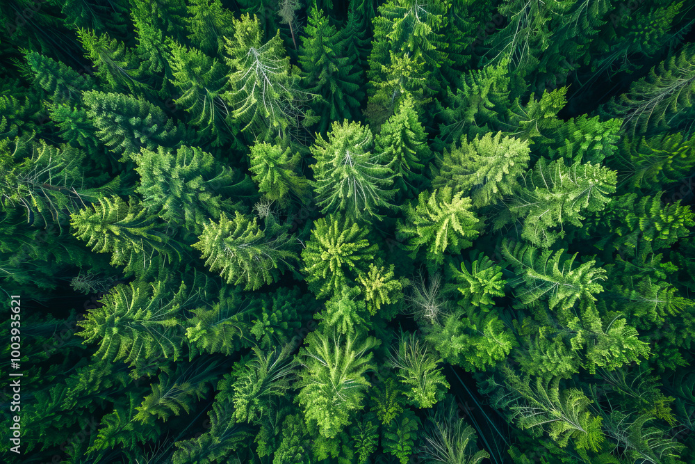 Aerial view of lush green forest canopy showing pine trees Aerial view of lush green forest canopy showing pine trees