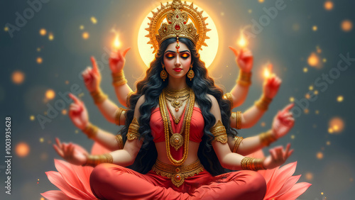 Divine Goddess with Multiple Arms Meditates on Lotus