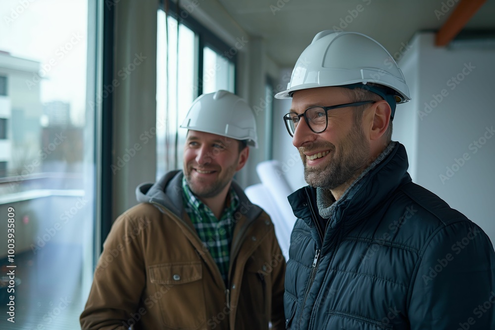 Two construction workers smiling, wearing hard hats, standing confidently at a building site, teamwork and project collaboration
Two construction workers smiling, wearing hard hats, standing confidently at a building site, teamwork and project collaboration
