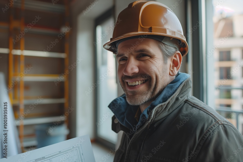 Smiling construction worker wearing a hard hat in a building site, confident professional in the middle of a construction project
Smiling construction worker wearing a hard hat in a building site, confident professional in the middle of a construction project
