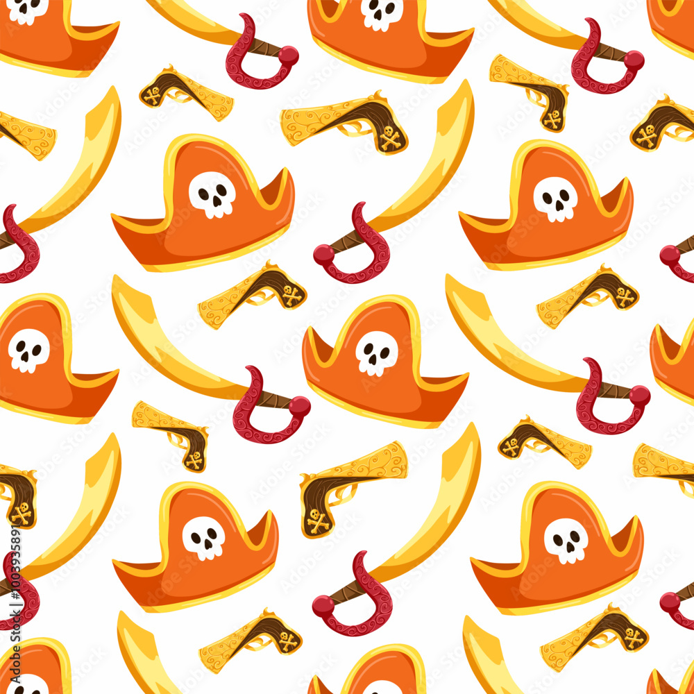Fototapeta premium Pirate vector seamless pattern. The pirate sword, hat, pirate revolver on a white background. Cute childish decorative nautical cartoon design. Hand drawn fabric design or package paper.