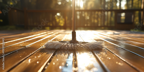 Morning Cleanup: Mop Resting on Sunny Wooden Deck