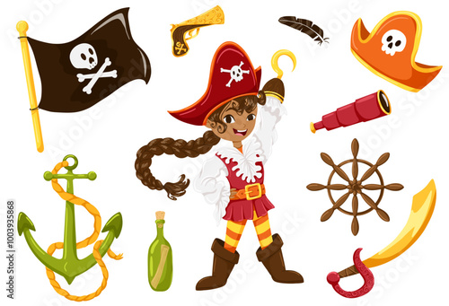 Cartoon pirate elements. Halloween stickers with a pirate girl character, flag, ship's wheel, anchor, sword, gun, pirates adventure vector set. Illustration of a child in a Halloween pirate costume