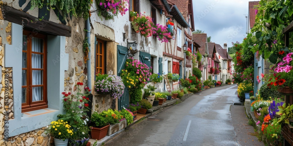 Fototapeta premium Village Houses: Traditional European village houses with flower boxes and gardens