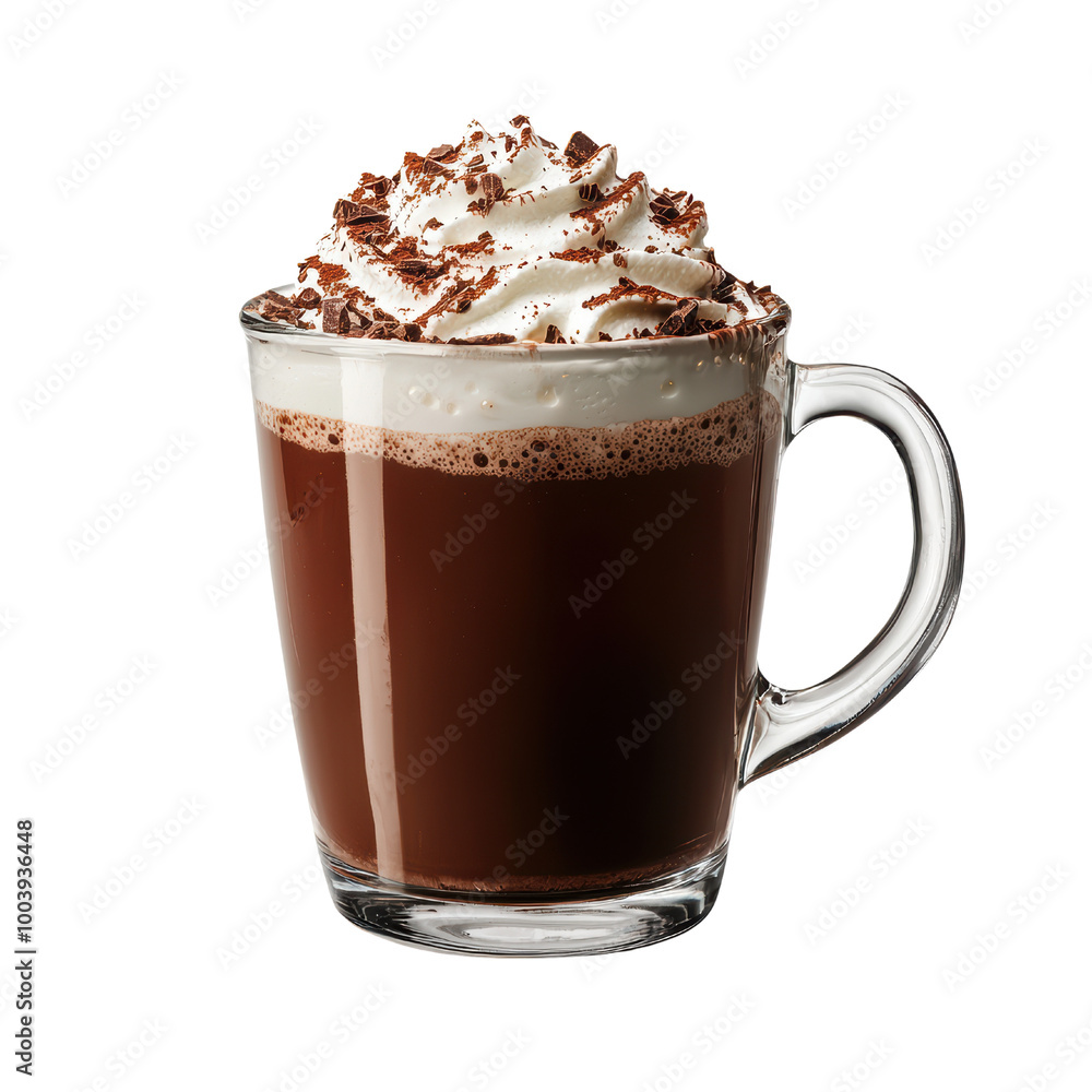 Delicious hot chocolate topped with whipped cream and chocolate flakes. transparent background Delicious hot chocolate topped with whipped cream and chocolate flakes. transparent background