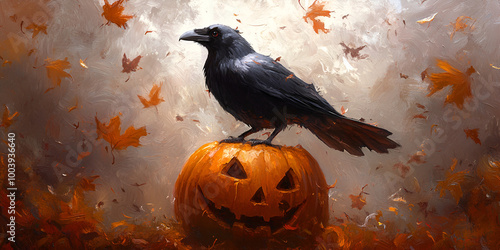 Autumn’s Mystique: Raven and Pumpkin Amid Falling Leaves photo