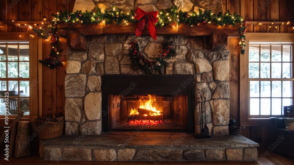 A cozy stone fireplace adorned with festive decorations, glowing warmly in a rustic wooden cabin setting, perfect for winter gatherings. A cozy stone fireplace adorned with festive decorations, glowing warmly in a rustic wooden cabin setting, perfect for winter gatherings.