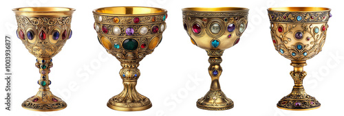 Vintage ornate golden chalices decorative glass gems transparent background photo