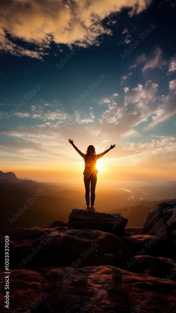 Fototapeta premium Carefree woman standing on the edge of mountain cliff.