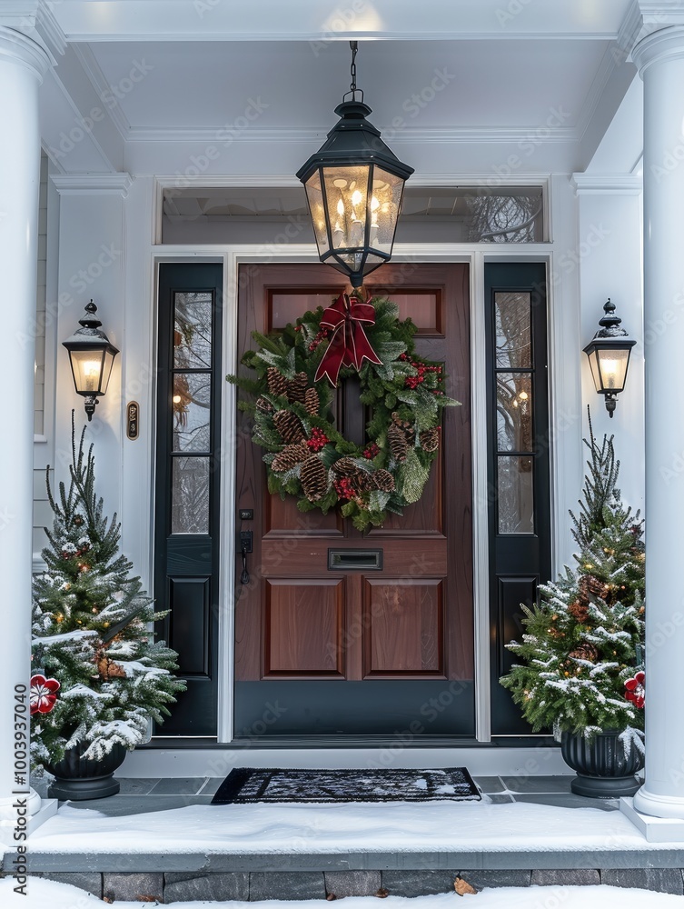 An elegant front door with wreaths and lanterns for Christmas, showcasing traditional greenery, red ribbons, and pine cones on the doors. Snow lightly dusted on the ground. An elegant front door with wreaths and lanterns for Christmas, showcasing traditional greenery, red ribbons, and pine cones on the doors. Snow lightly dusted on the ground.