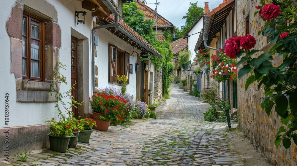 Village Street: A quiet, picturesque street in a European village Village Street: A quiet, picturesque street in a European village