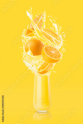 Orange juice in drinking glass with orange pieces, flying drops, splashes, flows of juice on yellow background. Healthy citrus yellow drink for advertising, label product, branding, flyer, poster.