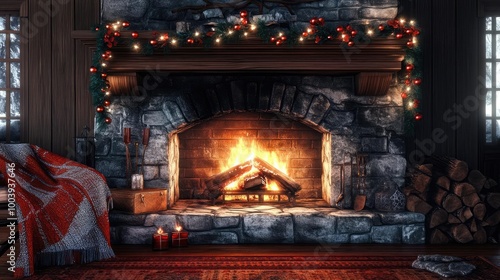 Cozy festive fireplace adorned with garlands, offering warmth and tranquility for holiday gatherings and winter evenings.