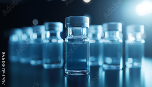 Vials of clear liquid on a dark background, illuminated by soft blue light, showcasing their transparent design.