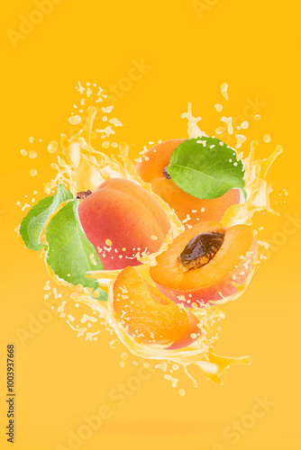 Apricot pieces with apricot juice, green leaves, drops, splashes, flows of juice fly on orange background. Vegetarian fruits, cocktail for advertising, label product, branding, flyer, poster, design.