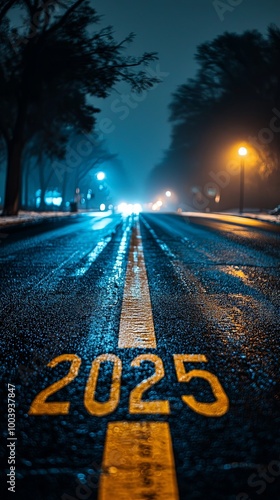 A long wet road extends into the distance, illuminated by streetlights and flanked by trees, with the year 2025 marked on the road, representing new beginnings. photo