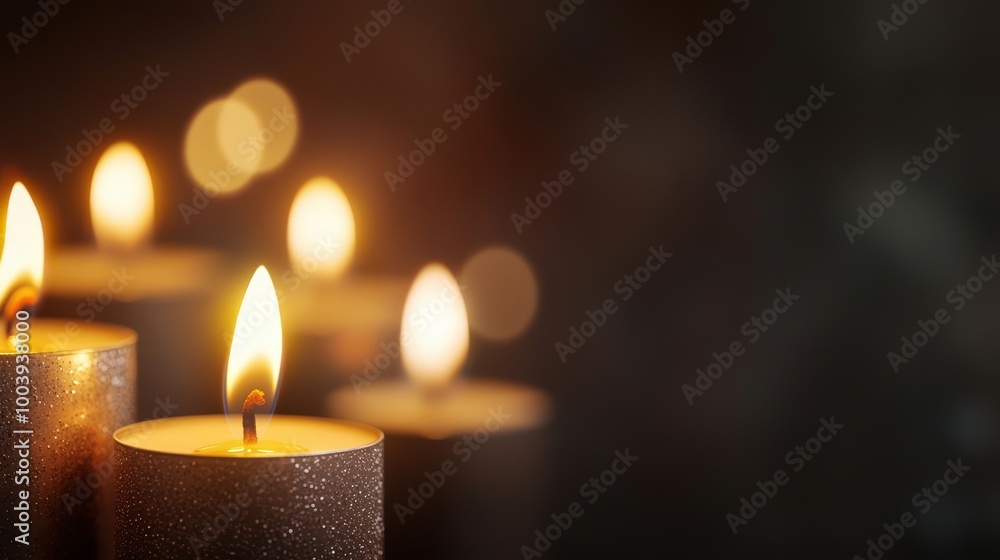 Warm glowing candles on a dark background, creating a serene and tranquil atmosphere for relaxation. Warm glowing candles on a dark background, creating a serene and tranquil atmosphere for relaxation.
