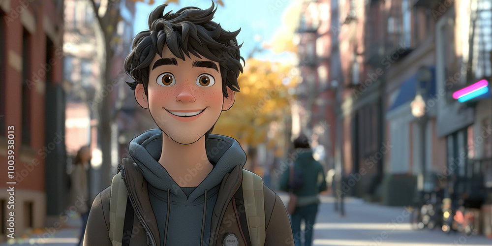 Fototapeta premium Smiling young man walking down a city street during the day