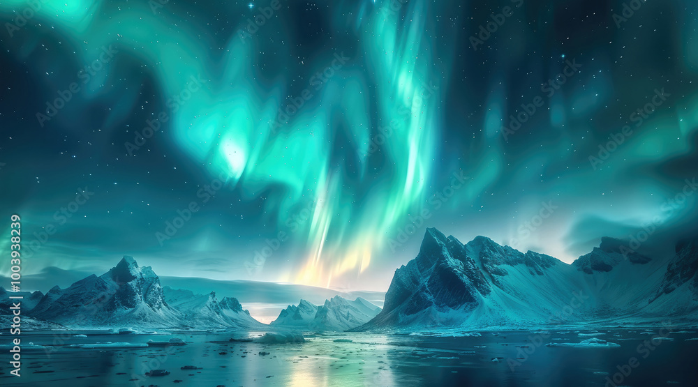 Naklejka premium Stunning Aurora Borealis over Islands Coastline.